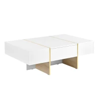 Minimalist High Gloss Coffee Table with 2 Drawers, Storage Rectangle Sofa Table, with Golden Wood Legs, 47" L x 31.5" W x 15.5" H, White(m-13)