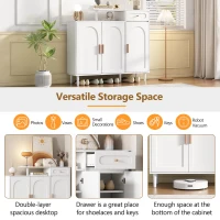 Elegant Shoe Cabinet with Arched Doors and Drawer, Adjustable Shelves, Solid Wood Legs, 47.5" L x 14.5" W x 43.5" H, White(m-6)
