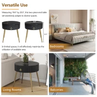 Set of 2 Modern End Tables with Storage, Faux Marble Tabletops, Fluted Panels, and Golden Legs, 19.5" L x 19.5" W x 20.5" H, Black+Gold(m-5)