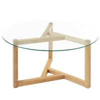 Round Coffee Table with Tempered Glass Top and Sturdy Wood Base, Modern Cocktail Table, Easy Assembly, 35.5" L x 35.5" W x 17.5" H, Natural