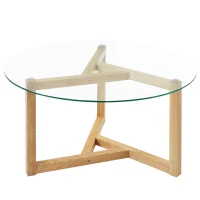 Round Coffee Table with Tempered Glass Top and Sturdy Wood Base, Modern Cocktail Table, Easy Assembly, 35.5" L x 35.5" W x 17.5" H, Natural(m-2)