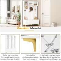 Modern Hall Tree with Bench, High Gloss Fluted Doors, 6 Gold Hooks, and Storage Cubbies, 49.5" L x 15.5" W x 75.5" H, White+Gold(m-5)