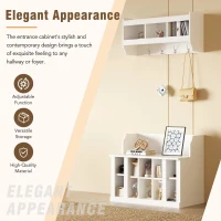 Shoe Cabinet Storage with Shelves and 4 Hooks, Elegant Hall Tree with Wall Mounted Coat Rack, Entryway Organizer for Hallway, Mudroom, White(m-6)