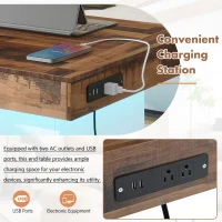 Farmhouse Wood Coffee Table with 2 USB Ports and Outlets, LED Light, Anti-Slip Foot Pads, Spliced Wood Grain, 31.5" L x 31.5" W x 16.5" H, White(m-7)