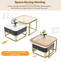 Nesting Coffee Table Set of 2 with Drawer, Brown Tempered Glass and High Gloss Marble Grain Tabletop, 24" W x 24" D x 16.5" H, Black+Gold(m-7)