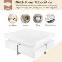 Modern High Gloss Coffee Table with 4 Drawers, Multi-Storage Square Cocktail Tea Table with Wood Grain Legs, 31.5''x31.5'', White(m-7)