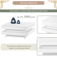 Vinsetto High Gloss Minimalist Coffee Table with LED Lights, 2-Tier Square Center Table for Living Room, 31.5" L x 31.5" W x 14" H, White(m-8)