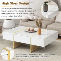 Minimalist High Gloss Coffee Table with 2 Drawers, Storage Rectangle Sofa Table, with Golden Wood Legs, 47" L x 31.5" W x 15.5" H, White(m-6)