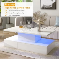 Vinsetto Modern Glossy 2-Tier Rectangle Coffee Table with Drawer, LED Lighting, Center Table for Living Room, 39.5" L x 19.5" W x 15.5" H, White(m-5)