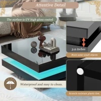High Gloss Minimalist Coffee Table with LED Lights, 2-Tier Square Center Table for Living Room, 31.5" L x 31.5" W x 14" H, Black(m-7)