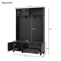 Modern Hall Tree with Storage Cabinet, 2 Large Drawers, Mudroom Bench with 5 Coat Hooks, 59" L x 16" W x 80.5" H, Black(m-3)