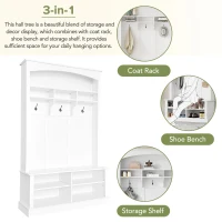 47.5'' Wide Hall Tree with Shoe Storage, 3 Hanging Hooks, Adjustable Shelves, and Multi-Functional Design for Hallway, White(m-7)