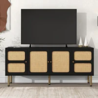 Vinsetto Boho Style TV Stand for TVs Up to 70" with Rattan Door, Media Console Table, Metal Base, Country Style Sideboard, 65" L x 17" W x 28" H, Black(m-4)