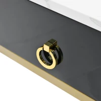 Nesting Coffee Table Set of 2 with Drawer, Brown Tempered Glass and High Gloss Marble Grain Tabletop, 24" W x 24" D x 16.5" H, Black+Gold(m-10)