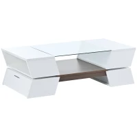 Glass-Top Coffee Table with Open Shelves and Cabinets, Geometric Style, 2-Tier Center Table for Living Room, 45" L x 22" W x 15" H, White(m-12)