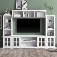 Modern Multifunctional TV Stand for TVs Up to 70" with Glass Door and Bridge, Minimalism Entertainment Wall Unit, 104" L x 15" W x 78.5" H, White(m-4)