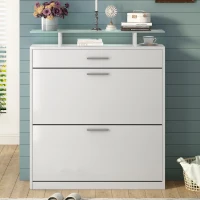 Shoe Cabinet with 2 Flip Drawers and Adjustable Shoe Storage, Tempered Glass Top, LED Light, 35" L x 9.5" W x 41" H, White(m-1)