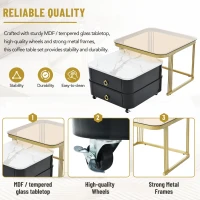 2-in-1 Square Nesting Coffee Table with Wheels & Drawers, High Gloss Marble Grain Top, Tempered Glass, 29" L x 27" W x 16" H, Black+Gold(m-6)