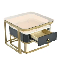 Nesting Coffee Table Set of 2 with Drawer, Brown Tempered Glass and High Gloss Marble Grain Tabletop, 24" W x 24" D x 16.5" H, Black+Gold(m-12)
