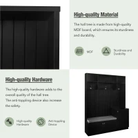 Vinsetto Elegant Hall Tree with Bench and Cushion, Modern Coat Rack with Hooks, Shoe Cabinet Storage, 59" L x 15.5" W x 78.5" H, Black(m-8)