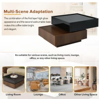 Multi-functional Square Coffee Table with 360° Rotating Top, 2 Drawers, High Gloss 2-Tier Design, 24" L x 24" W x 15" H, Black+Dark Walnut(m-6)