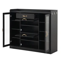 Vinsetto Modernist Side Storage Cabinets with 4 Glass Doors & 3 Hooks, Freestanding Shoe Rack with Adjustable Shelves, Gold Handles, Black(m-12)