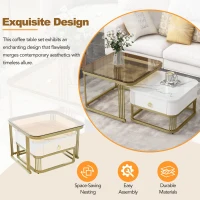 Nesting Coffee Table Set of 2 with Drawer, Square Stacking Tables with Tempered Glass and Marble Grain Tabletop for Living Room, White+Gold(m-6)