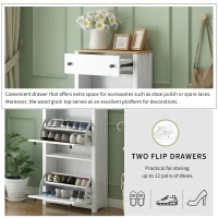 Functional Shoe Cabinet with 2 Flip Drawers, Adjustable Shoe Rack, Wood Grain Top, and Extra Storage, 24" L x 9.5" W x 47.5" H, White(m-6)