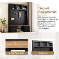 Farmhouse 4-in-1 Hall Tree with Bench and Adjustable Shelves, Multifunctional Storage Coat Rack with Hooks, 55" L x 16.5" W x 73.5" H, Black(m-5)