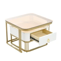 Nesting Coffee Table Set of 2 with Drawer, Square Stacking Tables with Tempered Glass and Marble Grain Tabletop for Living Room, White+Gold(m-12)