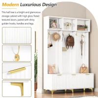 Modern Hall Tree with Bench, High Gloss Fluted Doors, 6 Gold Hooks, and Storage Cubbies, 49.5" L x 15.5" W x 75.5" H, White+Gold(m-6)