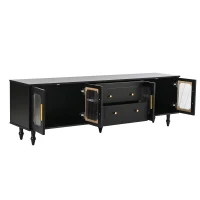 Retro Design TV Stand with Fluted Glass Doors, 2 Drawers and Cabinets, Fits TVs Up to 78", 70" L x 16" W x 22" H, Black(m-14)