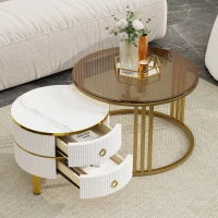 Stackable Coffee Table Set with 2 Drawers, Nesting Tables with Tempered Glass and High Gloss Marble Tabletop, Table for Living Room, Golden White(m-1)