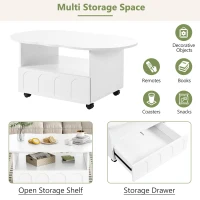 Vinsetto Coffee Table with Cloud Top, 2 Brake Wheels, Drawer, and Large Storage, 39.5" L x 23.5" W x 17.5" H, White(m-7)