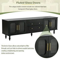Retro Design TV Stand with Fluted Glass Doors, 2 Drawers and Cabinets, Fits TVs Up to 78", 70" L x 16" W x 22" H, Black(m-6)
