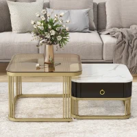 Nesting Coffee Table Set of 2 with Drawer, Brown Tempered Glass and High Gloss Marble Grain Tabletop, 24" W x 24" D x 16.5" H, Black+Gold(m-1)