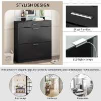 Shoe Cabinet with 2 Flip Drawers and Adjustable Shoe Storage, Tempered Glass Top, LED Light, 35" L x 9.5" W x 41" H, Black(m-5)