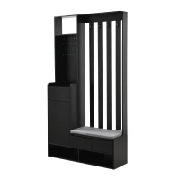 Contemporary Hall Tree with Cushioned Storage Bench, Multifunctional Coat Rack Stand, with Pegboard and 4 Hooks, 39.5" L x 12" W x 71" H, Black(m-13)