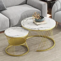 Nesting Coffee Table Set of 2 with Marble Grain Top and Golden Iron Frame, Space-Saving Design, Easy Assembly, White+Gold(m-4)