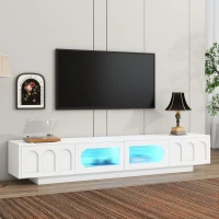TV Stand with Fluted Tempered Glass Doors for TVs Up to 95", Media Console with APP-Controlled LED Light, 87" L x 16" W x 16" H, White(m-1)