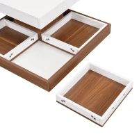 Square 360° Rotating Wood Coffee Table with 3 Detachable Trays, Storage Table for Living Room, 27.5" L x 27.5" W x 14" H, White+Walnut(m-10)