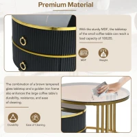 Stackable Coffee Table Set with 2 Drawers, Nesting Tables with Tempered Glass and High Gloss Marble Tabletop, Table for Living Room, Golden Black(m-8)