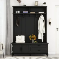 Modern Hall Tree with Storage Cabinet, 2 Large Drawers, Mudroom Bench with 5 Coat Hooks, 59" L x 16" W x 80.5" H, Black(m-4)
