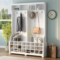 60" Modern Wide Hall Tree with Metal Hooks, Entryway Bench, 24 Shoe Cubbies and Ample Storage, Coat Rack for Hallway, White(m-1)