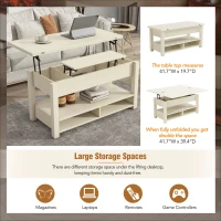 Vinsetto Lift Top Coffee Table with Multi-Functional Open Shelves, Modern Lift Tabletop Dining Table for Living Room, 42" L x 40" W x 25.5" H, Ivory(m-9)