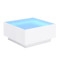 Square High Glossy Coffee Table with 16-Color LED Strip Lights, 0.2'' Glass Top, Modern Center Table for Living Room, 27.5" L x 27.5" W x 14" H, White(m-13)