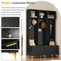 Modern Hall Tree with Bench, High Gloss Fluted Doors, 6 Gold Hooks, and Storage Cubbies, 49.5" L x 15.5" W x 75.5" H, Black+Gold(m-6)
