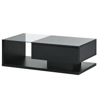 Modern Coffee Table with Tempered Glass, Wooden Cocktail Table with High-Gloss UV Surface, 2-Tier Rectangle Center Table for Living Room, Black(m-12)