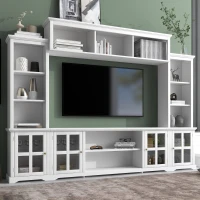 Modern Multifunctional TV Stand for TVs Up to 70" with Glass Door and Bridge, Minimalism Entertainment Wall Unit, 104" L x 15" W x 78.5" H, White(m-1)