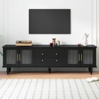 Retro Design TV Stand with Fluted Glass Doors, 2 Drawers and Cabinets, Fits TVs Up to 78", 70" L x 16" W x 22" H, Black(m-4)